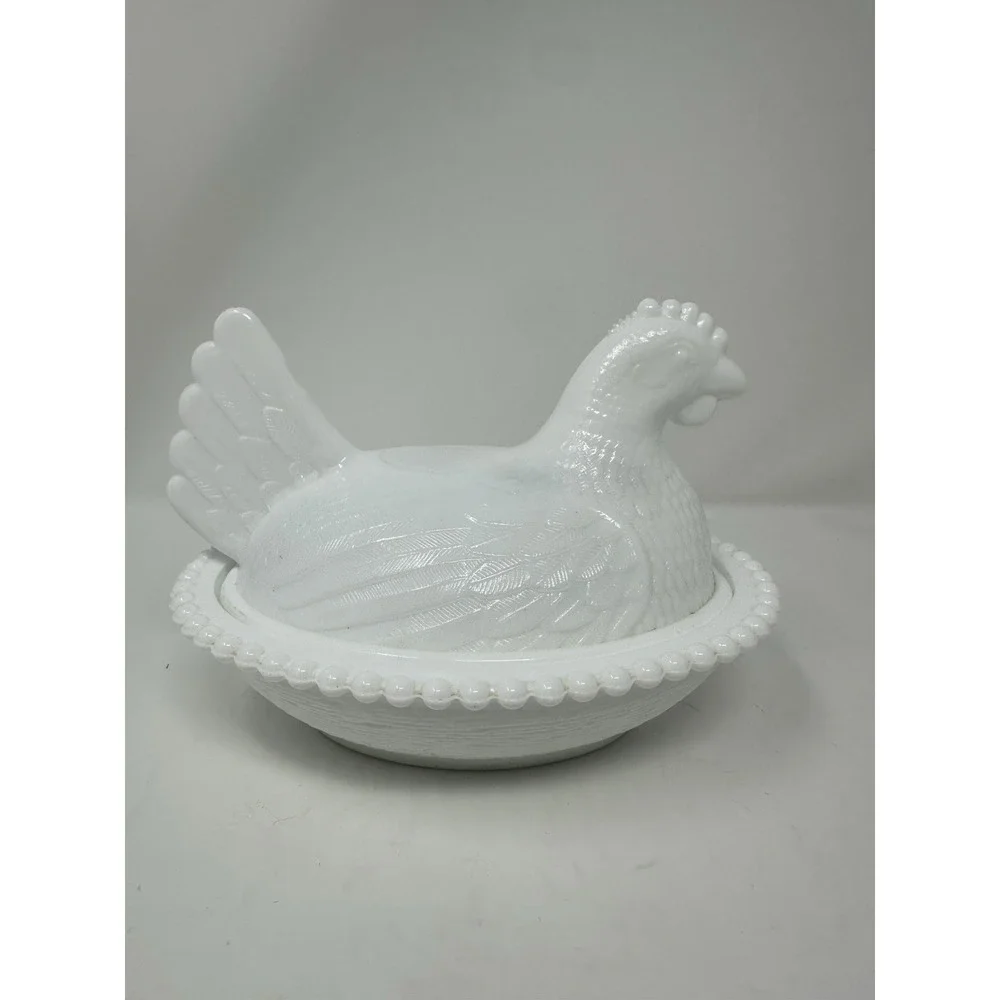 Indiana White Milk Glass RETICULATED Beaded Rim Hen On Nest - VHTF